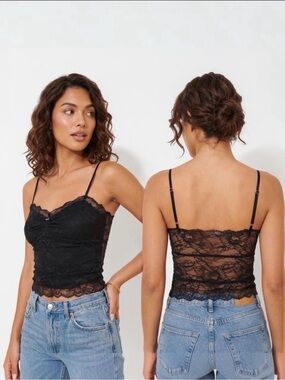NWOT Free People Intimate Black Lace Floral Ruched Cami Essential Top Adjustable